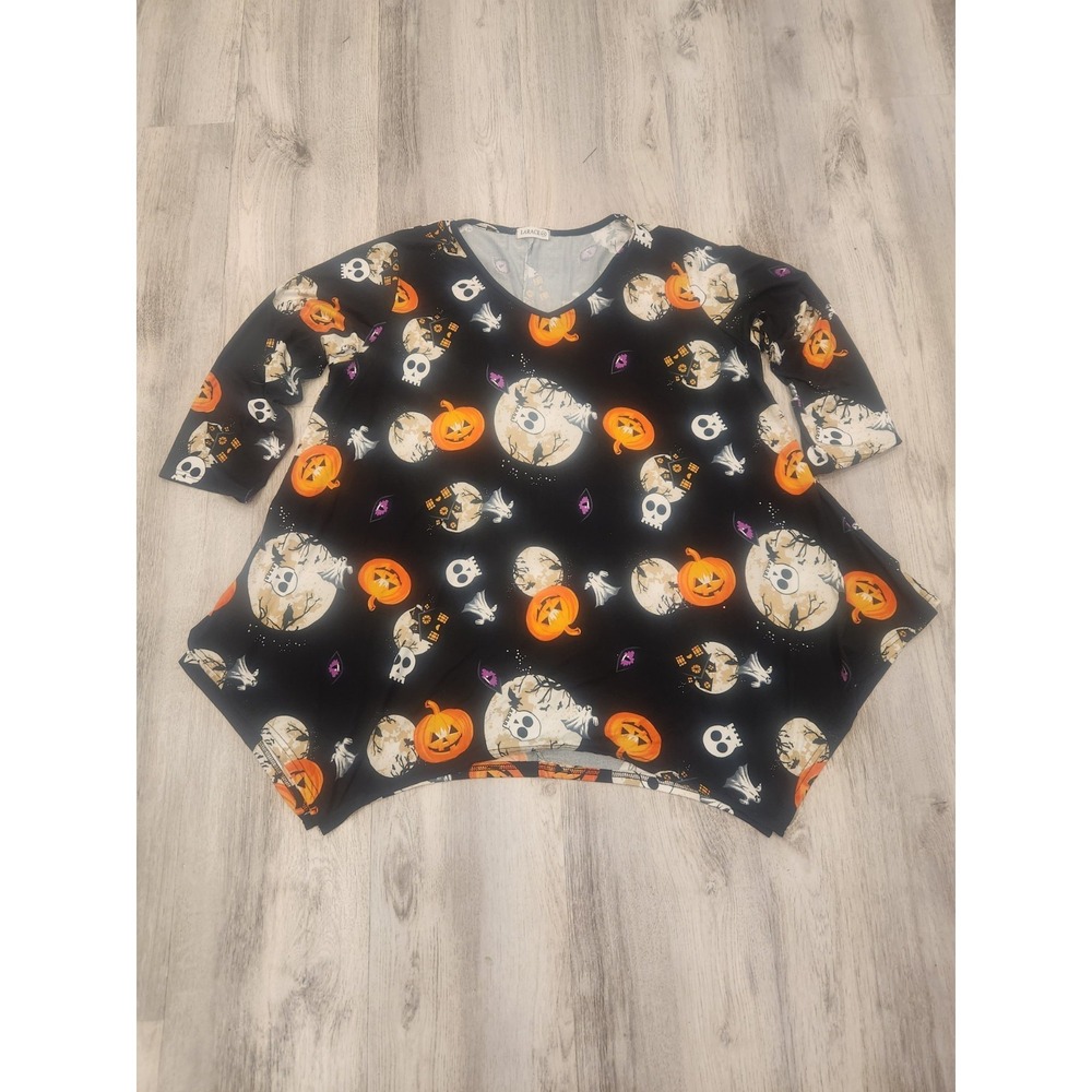 Larace 4XL Plus Tunic Halloween Black V Neck Long Sleeve Tunic Skull Moon Bats